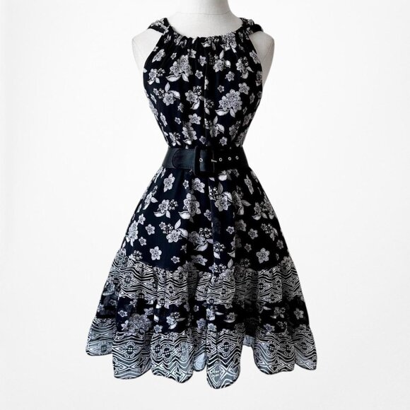 Vintage Y2K Blue Floral Pleated Flared Knee Length Cocktail Tunic Dress Size S/M - Picture 3 of 7